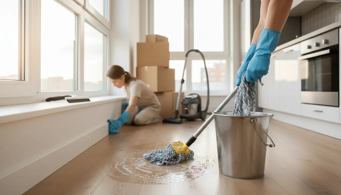 Gummihandsker og moppe renser gulvet i en lys, tom lejlighed under flytterengøring.