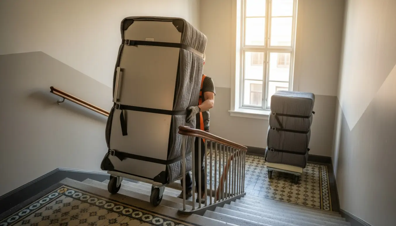 To flyttefolk bærer et stort rustfrit køleskab op ad en lys trappeopgang, mens et indpakket gammelt køleskab står klart til afhentning.