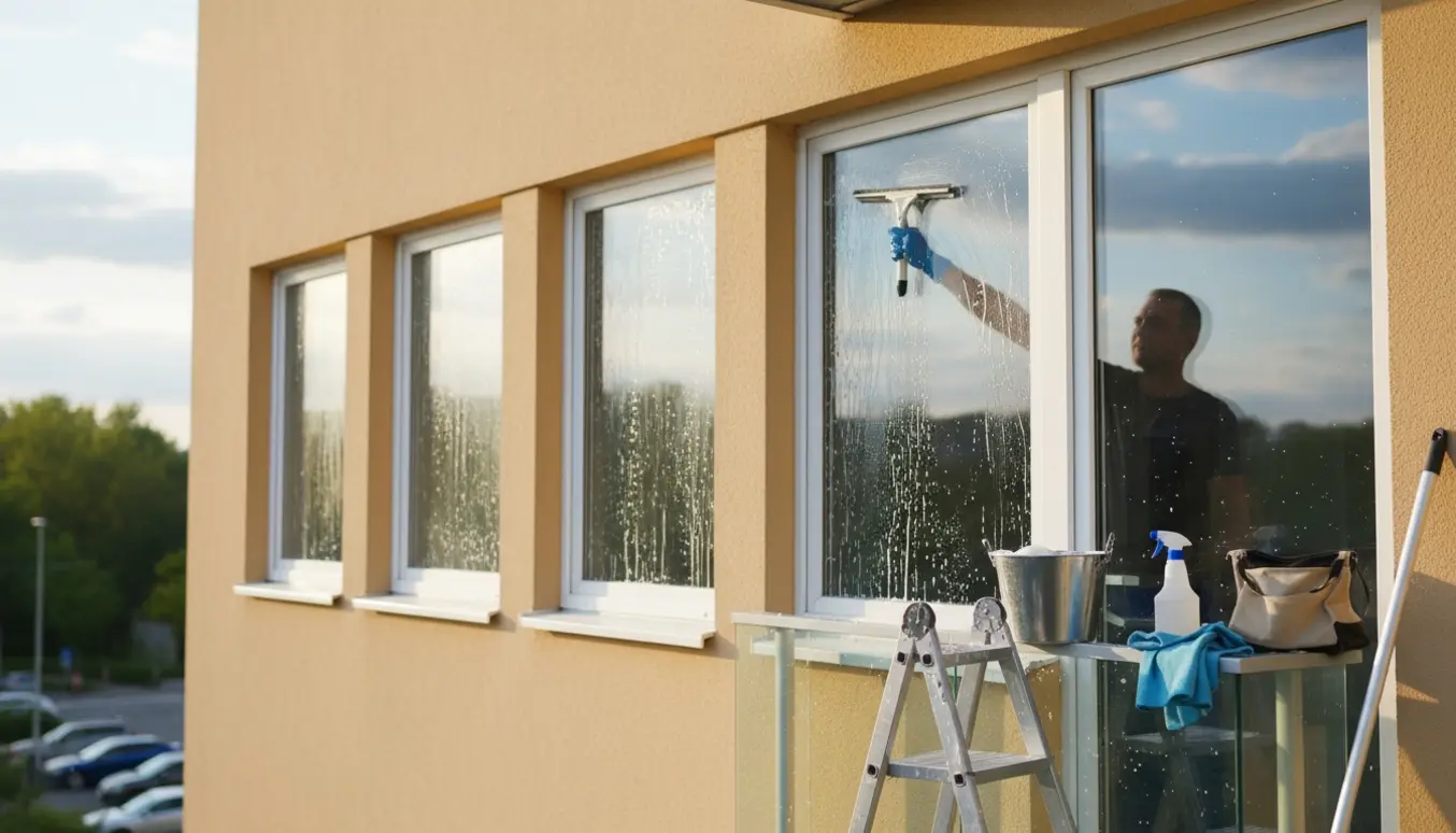 Vinduespudser uden synligt ansigt rengør beskidte vinduer og altandør på anden sal med squeegee, spand og microfiberklude.