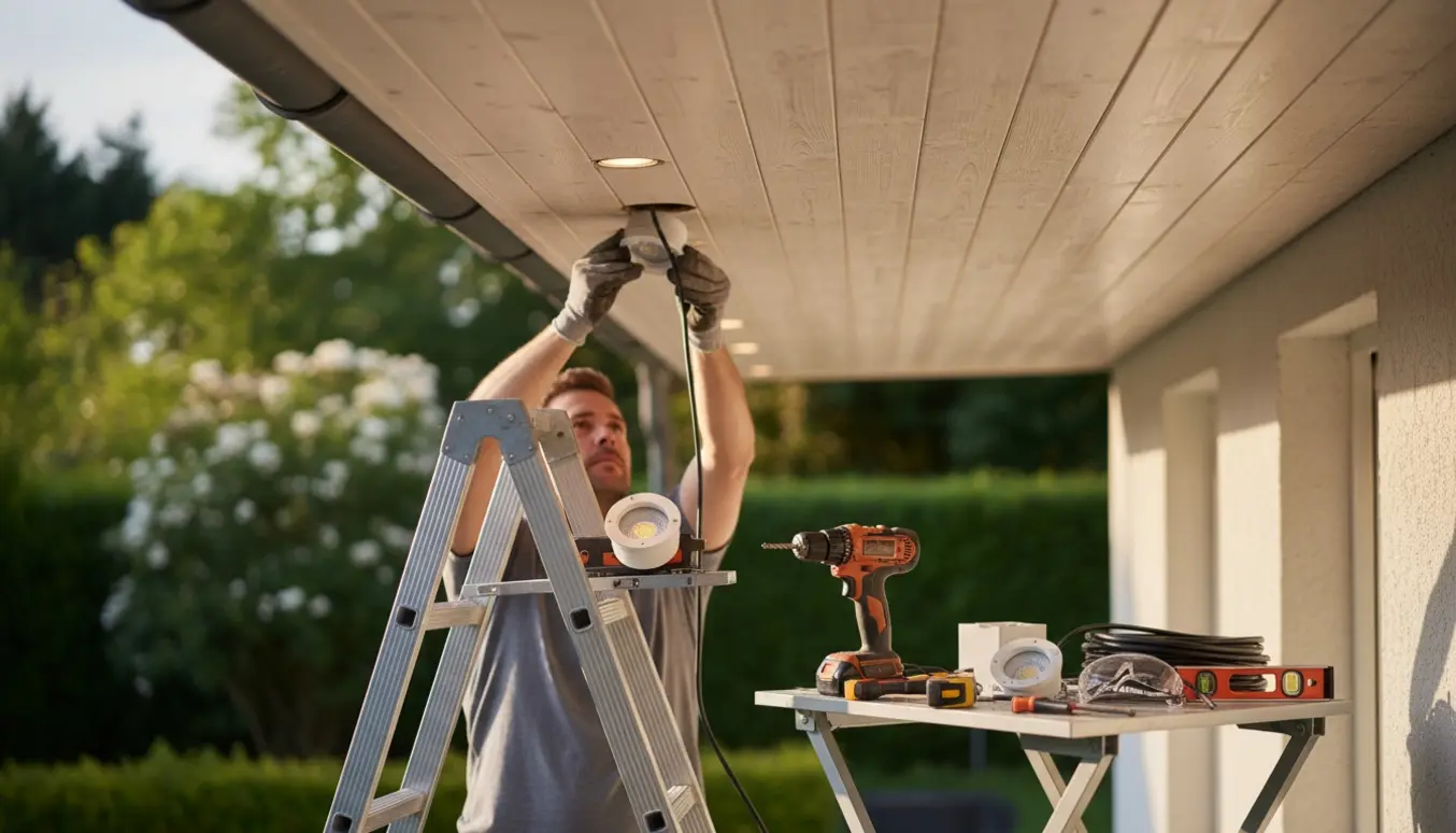 Installatørs hænder monterer indbyggede spots i husets udhæng med værktøj på en stige.