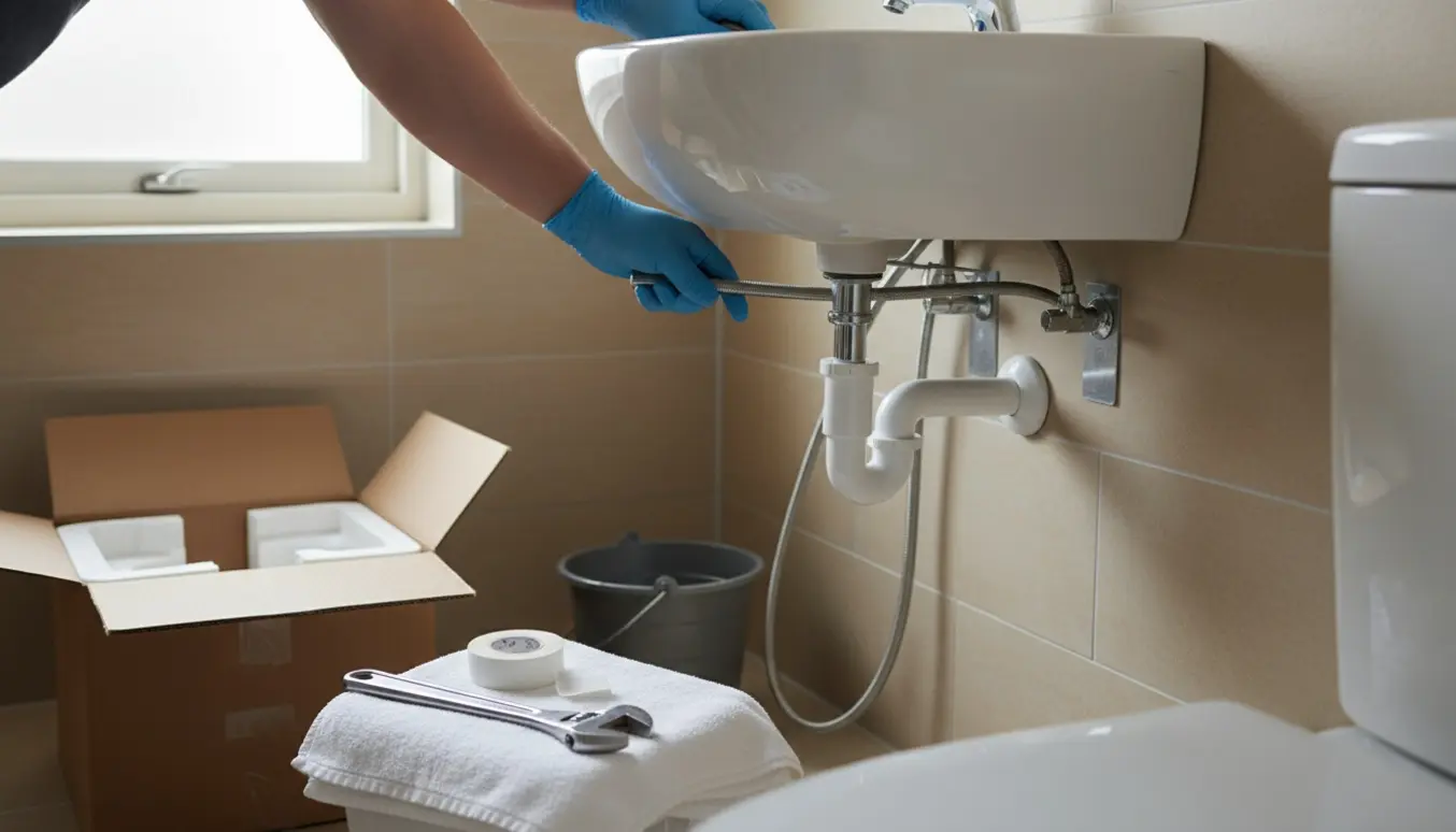 Håndværker monterer en ny væghængt vask over et toilet med værktøj og synlige vandtilslutninger.