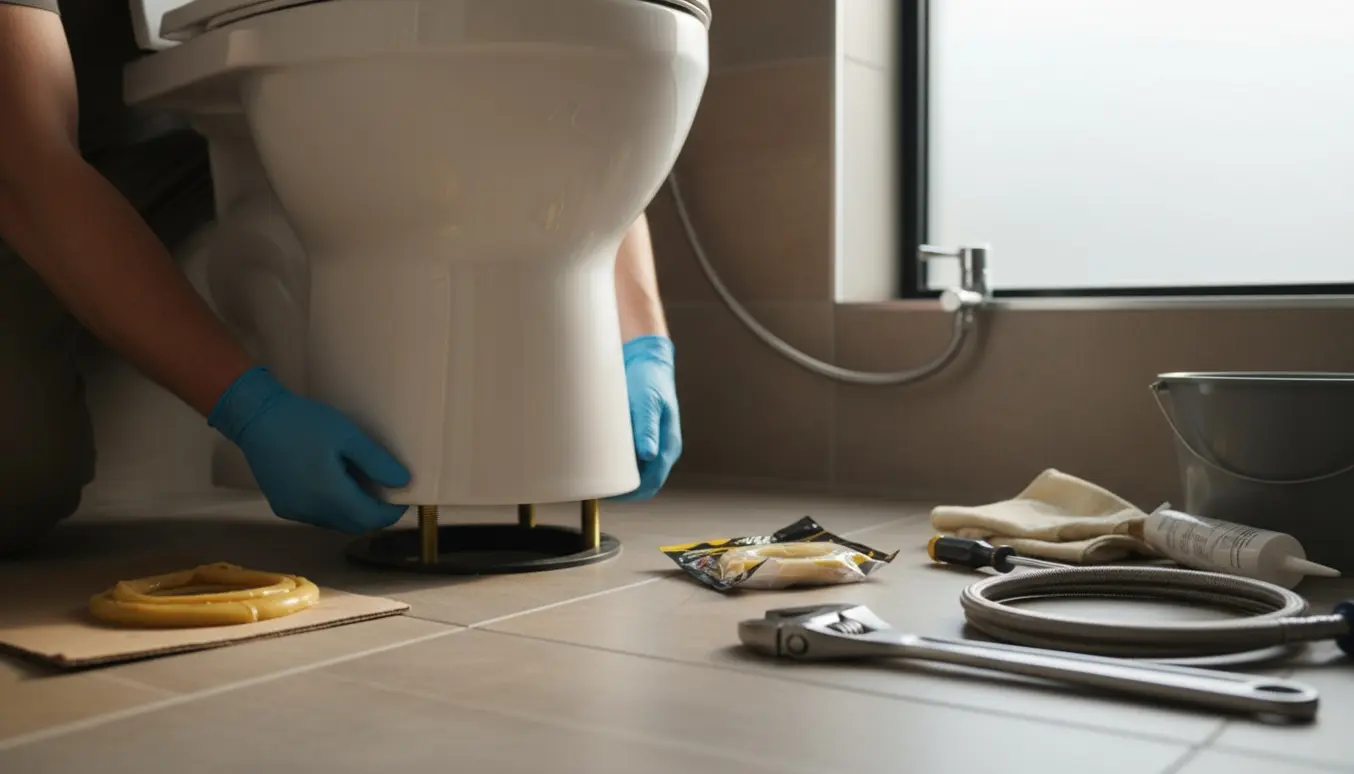 Hænder placerer et nyt toilet på gulvbolte i et badeværelse under udskiftning.