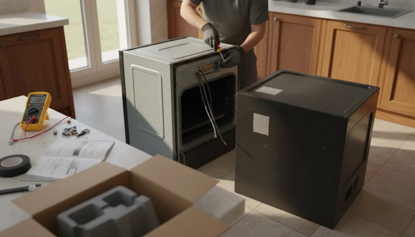 En tekniker i handsker tilslutter en brugt ovn i et køkken med værktøj og frakoblet ledning ved siden af.
