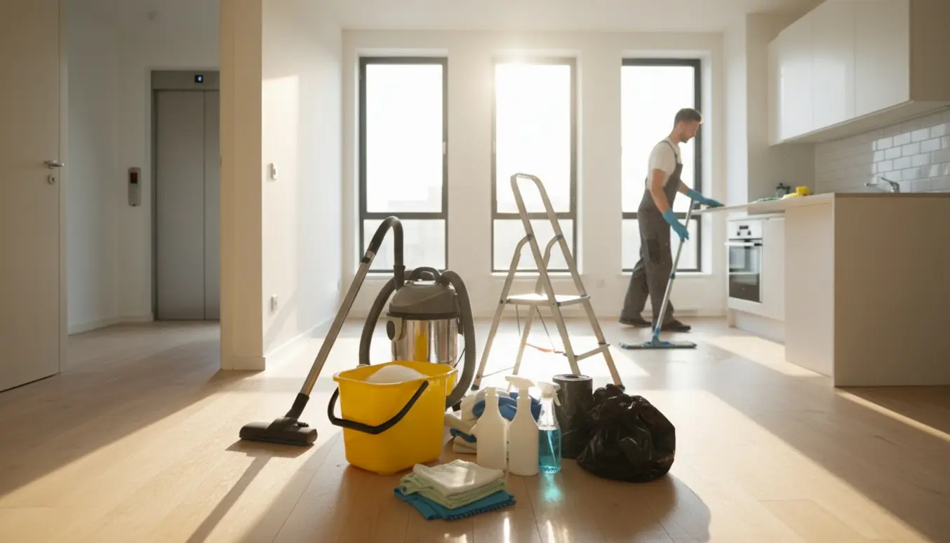 Tom 2-værelses lejlighed i Randers midtby med rengøringsudstyr og handsker, klar til udflytningsrengøring.