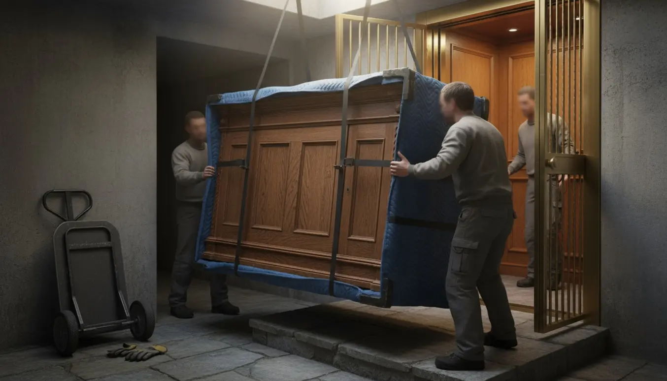 Tungt chatol pakket i flyttetæpper bæres fra kælder ad trappe mod elevator.