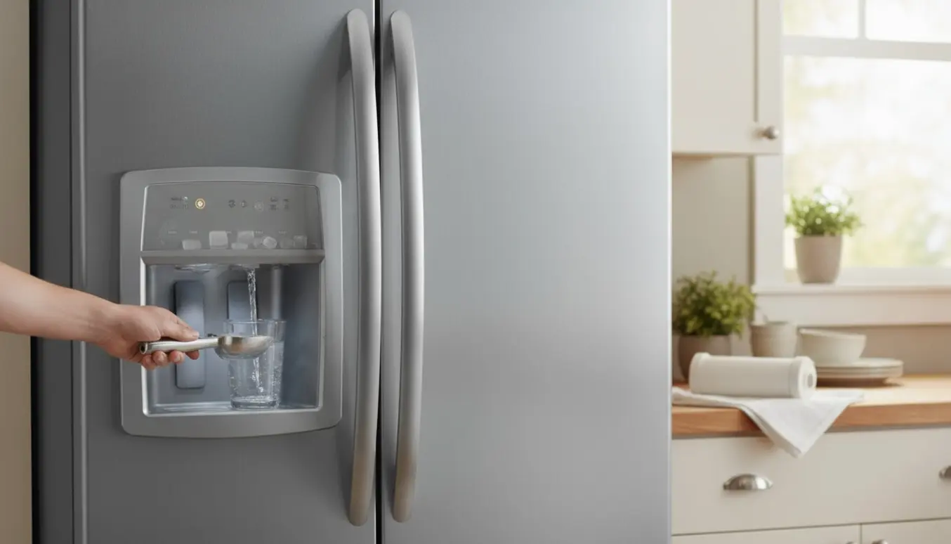 Åbent amerikansk køleskab med tom isterningbakke, vand der fylder et glas og et udskiftet universelt filter på køkkenbordet.