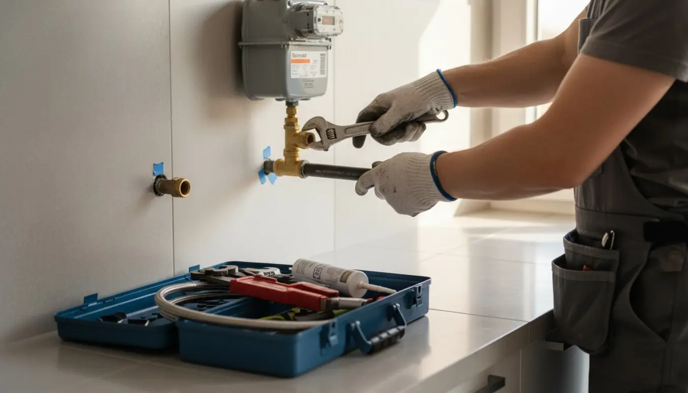 En gasmontør flytter en gasledning i køkkenet, så komfuret kan stå direkte under måleren.