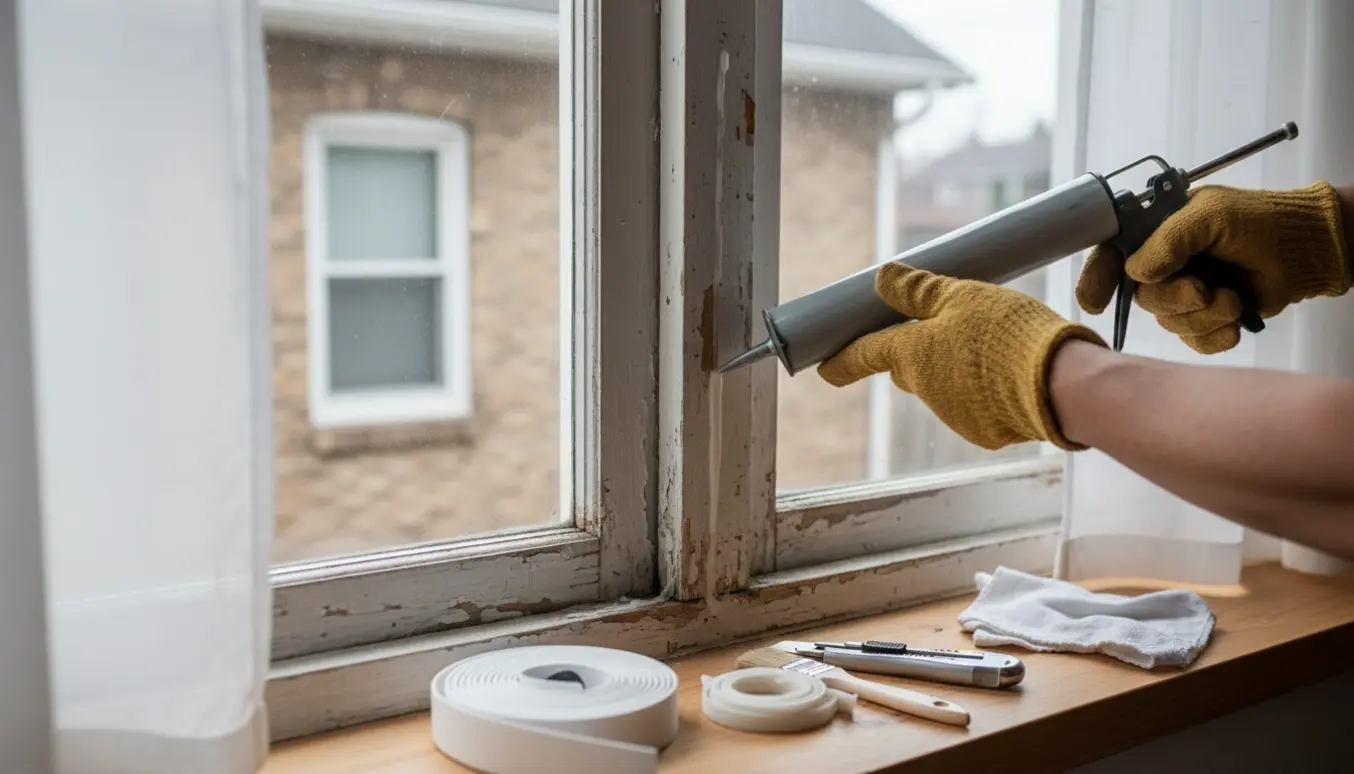 Hænder tætner en nordvendt trævinduesramme indefra med fugepistol og tætningsmaterialer.