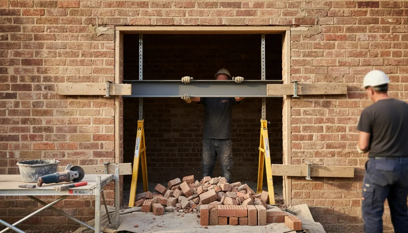 Nyt murhul til dobbeltdør i bærende mur med indsat stålbjælke og værktøj.