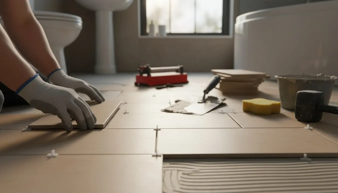 Hænder lægger fliser på gulvet i et lille badeværelse med flisekryds og våd fliseklæber.