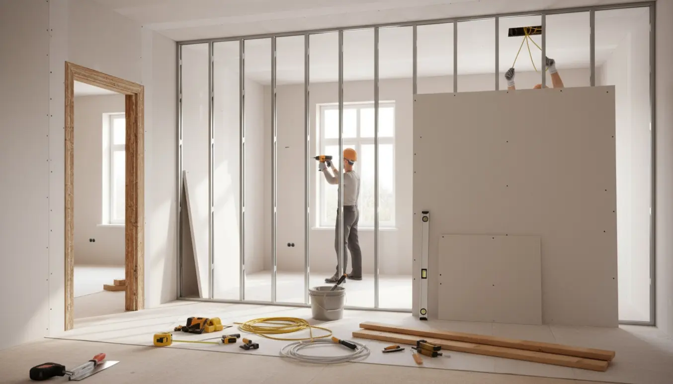 Delvist opført gipsvæg deler et rum, med studs, gipsplader, værktøj og en åbnet døråbning.