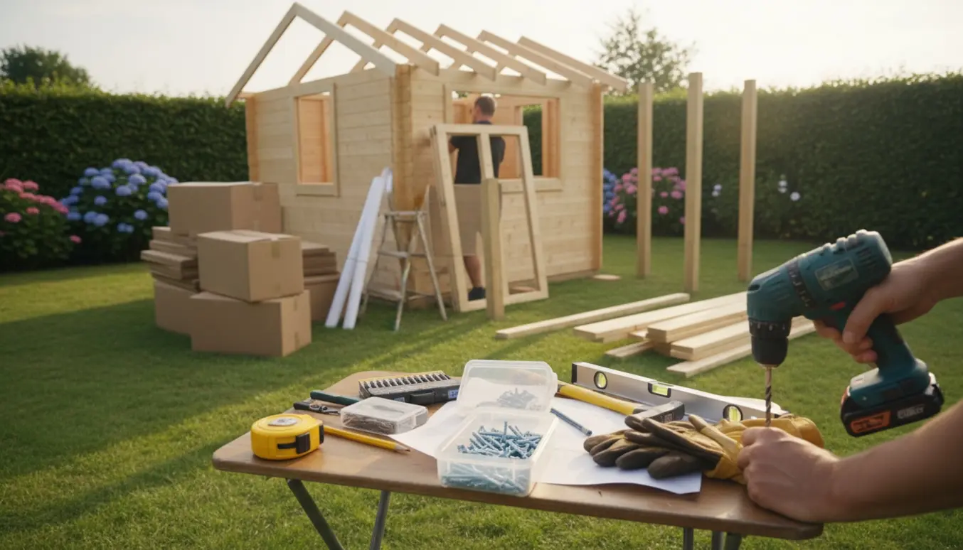 Delvist samlet træanneks i en sommerhushave med værktøj og pakket træ.