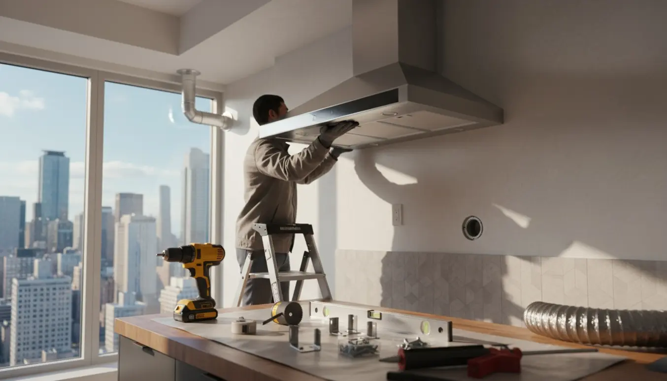 Emhætte monteres i en lys lejlighed med værktøj, ventilationsrør og vindue til udsugning.