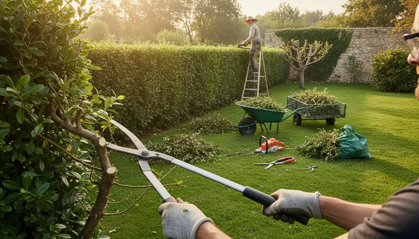 Nærbillede af beskæring af ligusterhæk og træer med afklip i trillebør i blødt morgenslys.