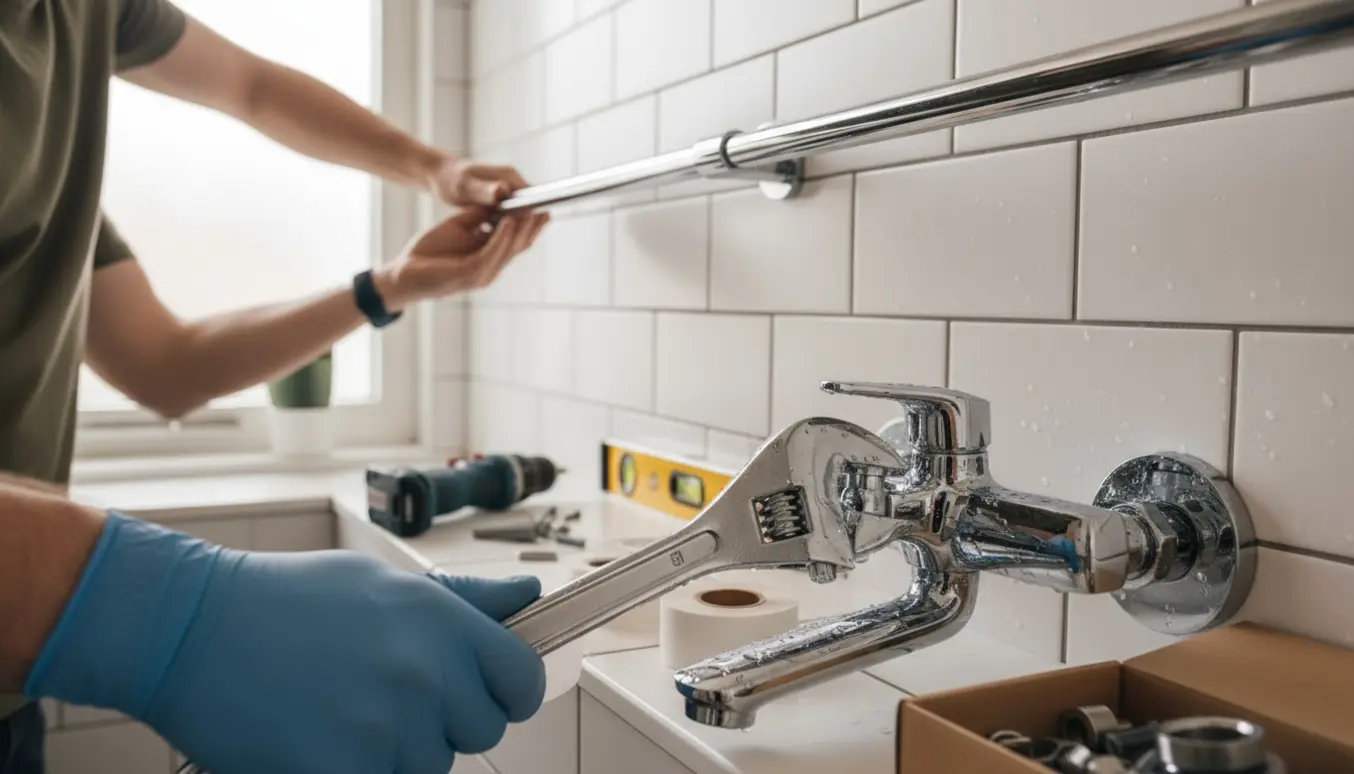 Hænder monterer nyt brusebatteri og sætter en krom brusestang op i et flisebadeværelse.