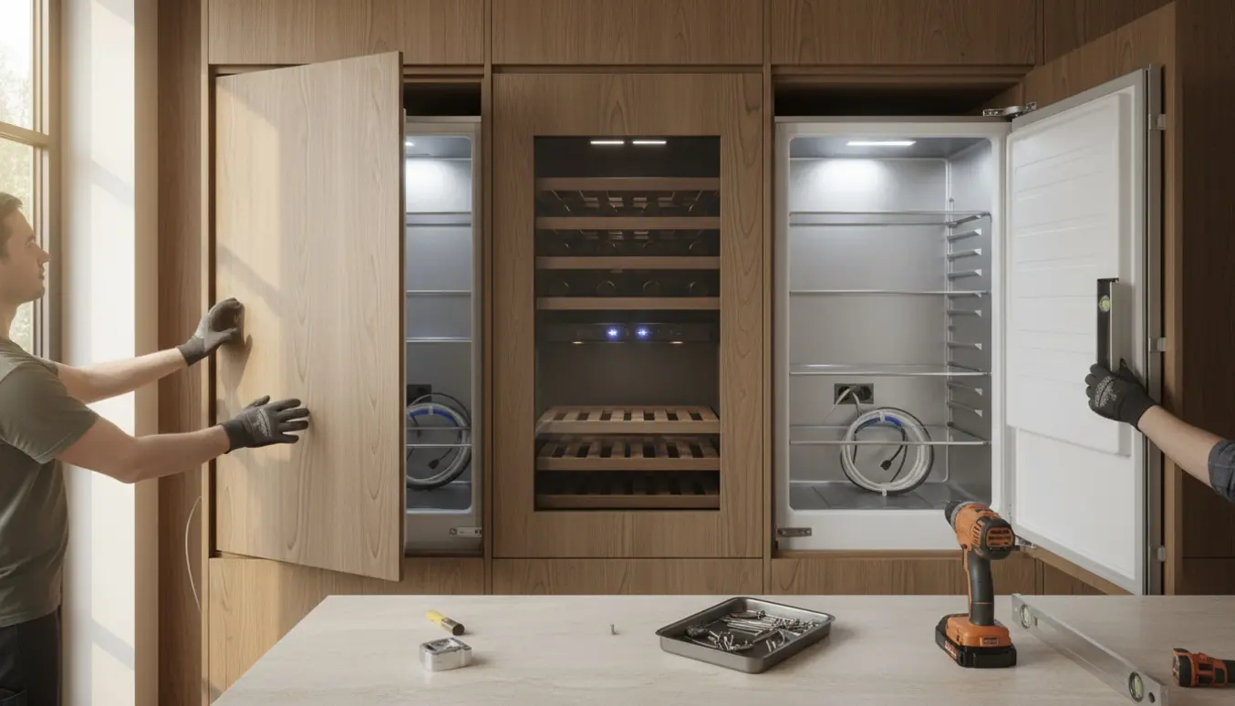 Installatører tilpasser tre indbyggede køleskabsenheder i køkkenets nicher, kun hænder synlige.