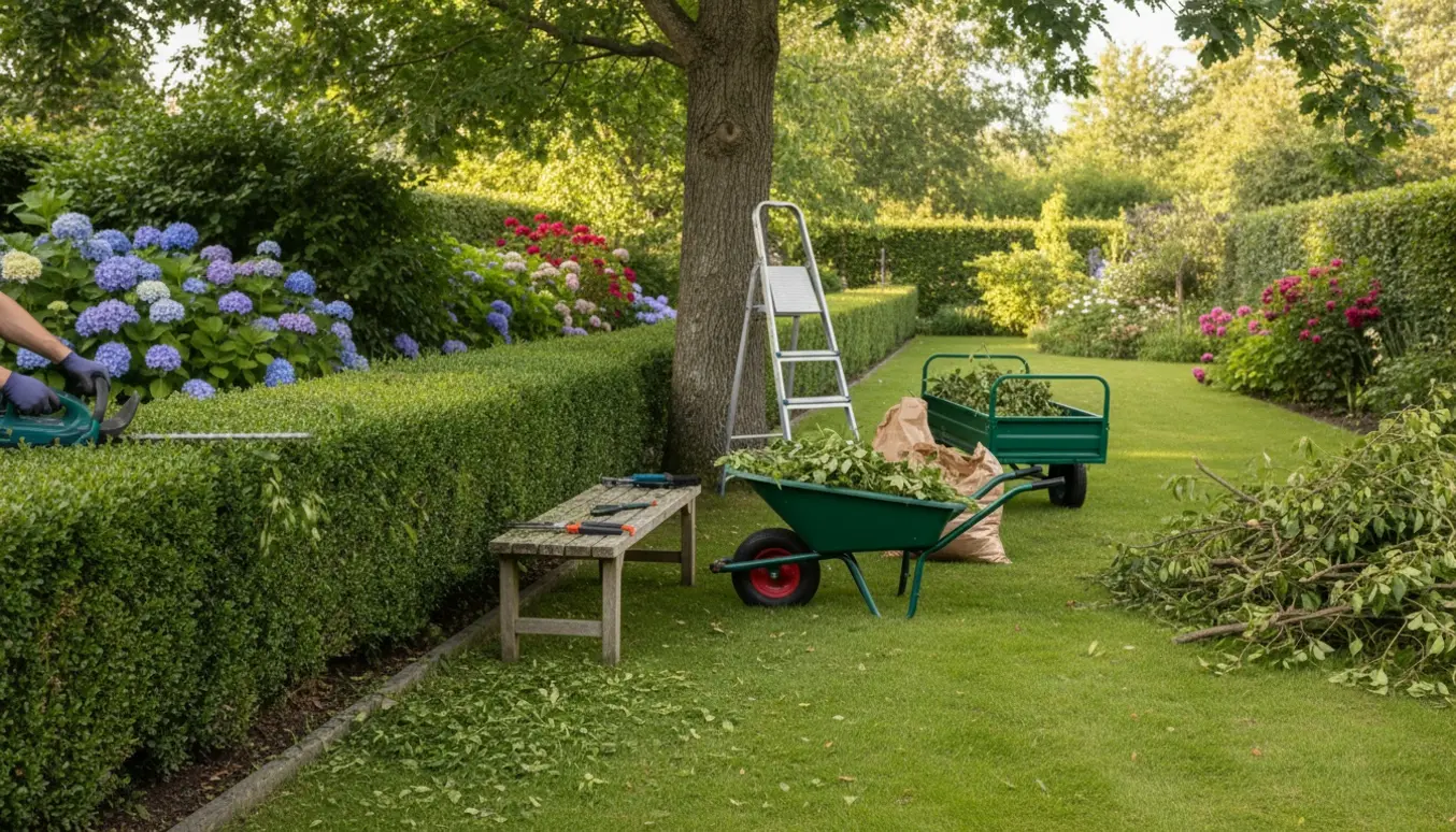 Hækkeklipper og haveredskaber foran en nyskåret hæk og fyldt trillebør i en stor have.