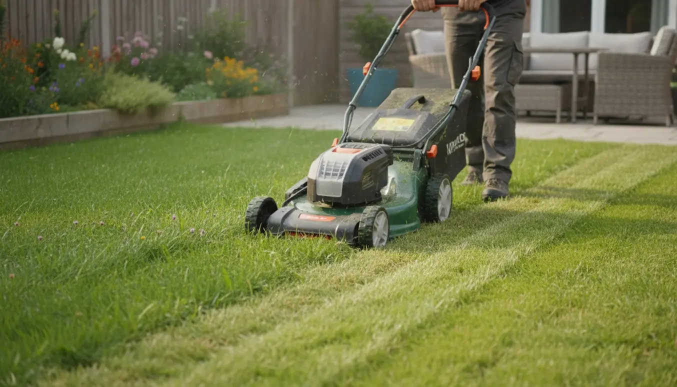 En person slår en lidt forvokset forstadsgræsplæne med en plæneklipper, hvor et tydeligt skåret spor viser før-og-efter.