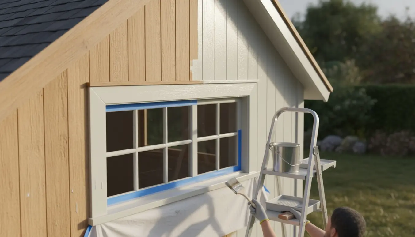 Nærbillede af hænder, der maler en husgavl og vinduesramme med pensel, stige og malerbøtte.