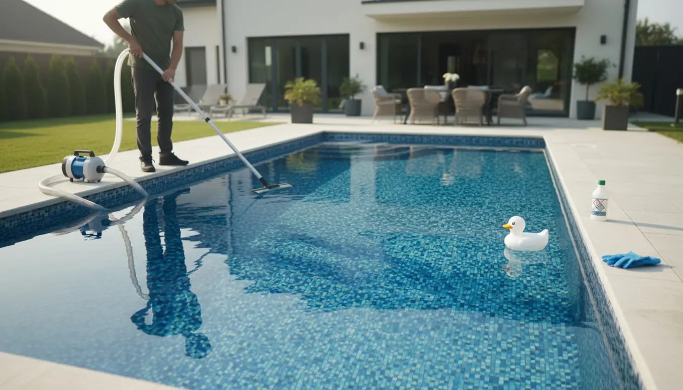 Håndværker set bagfra støvsuger og klorerer en rektangulær havepool med teleskopstang og flydende klordispenser.