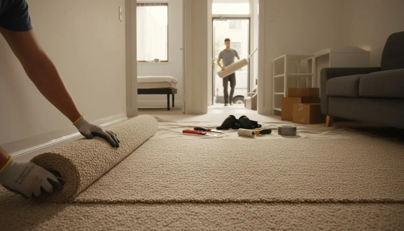 Væg-til-væg gulvtæppe rulles ud i en lille lejlighed med tæppetape ved fodpanelerne og en leveringsrulle ved døren.