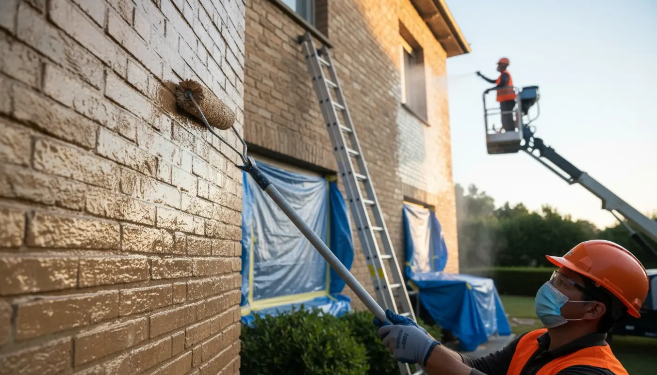 Nærbillede af murværksimprægnering på en stor villa med lift og lange stiger.
