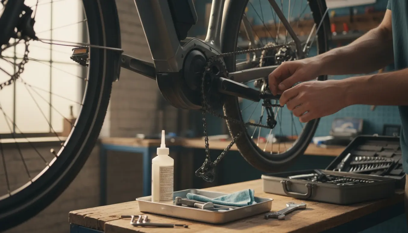 Hænder sætter kæden på en Cube elcykel under årligt eftersyn med værktøj og smøremidler klar.