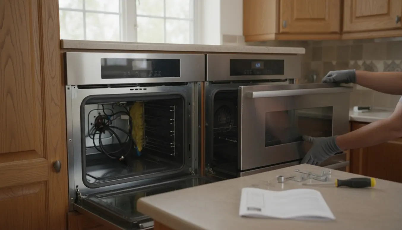 En tekniker sætter en brugt indbygningsovn i i et køkkenskab, omgivet af værktøj og kabelforbindelser.