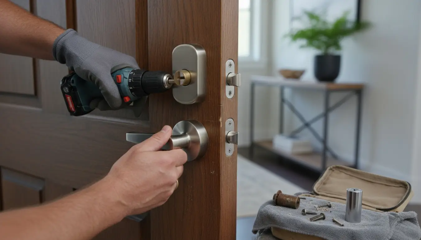 Nærbillede af hænder, der udskifter en lås og monterer et nyt dørhåndtag på en trædør i et lyst entre.