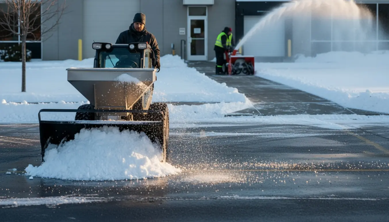 Motoriseret sneskovl og sneslynge rydder sne og salter en parkeringsplads og indgang, ansigter er ikke tydelige.