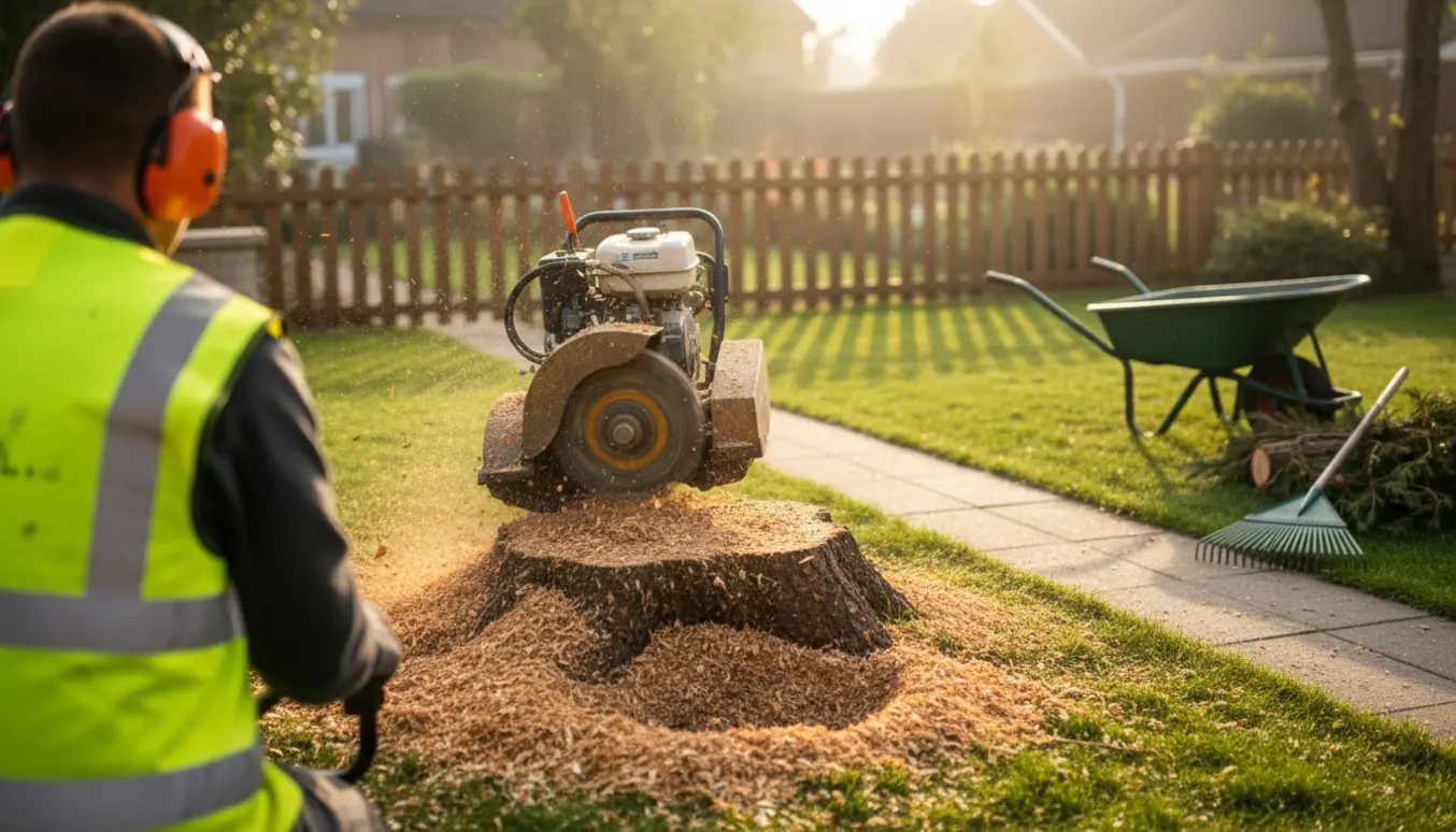 En operatør fræser en tuja-træstub i haven med en fræsermaskine og friske træflis omkring.
