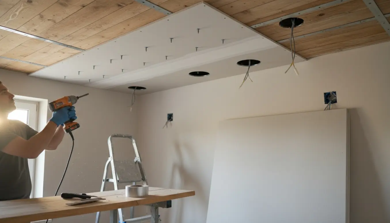 Delvist monterede gipsplader på et profilbræddeloft med stige, værktøj og frakoblede eludtag.