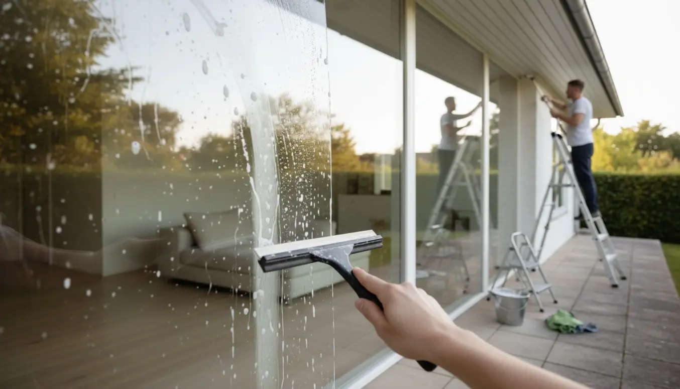 Hænder pudser store vinduer i en énplans funkisvilla med spand og stige på terrassen.