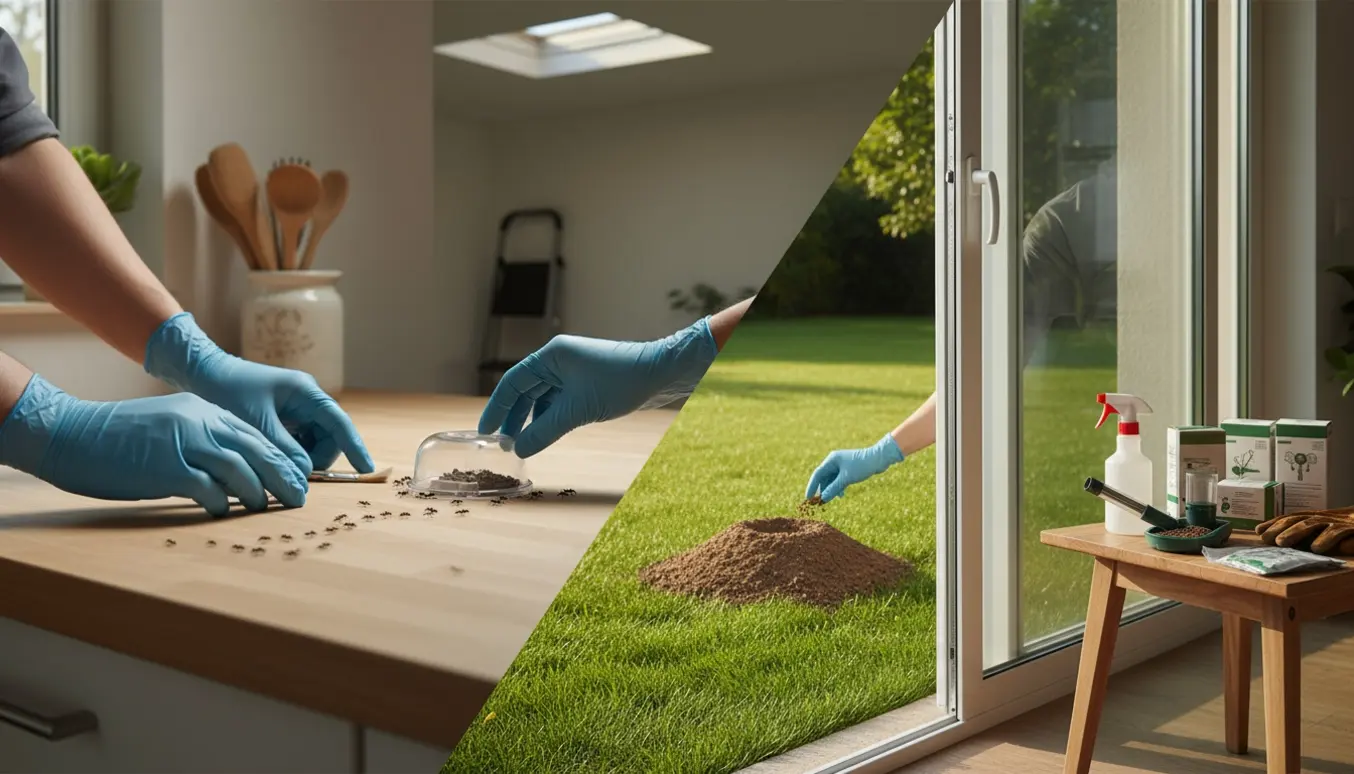 Hænder placerer myrelokkemiddel på køkkenbordet mens en myretue ses i græsplænen udenfor.