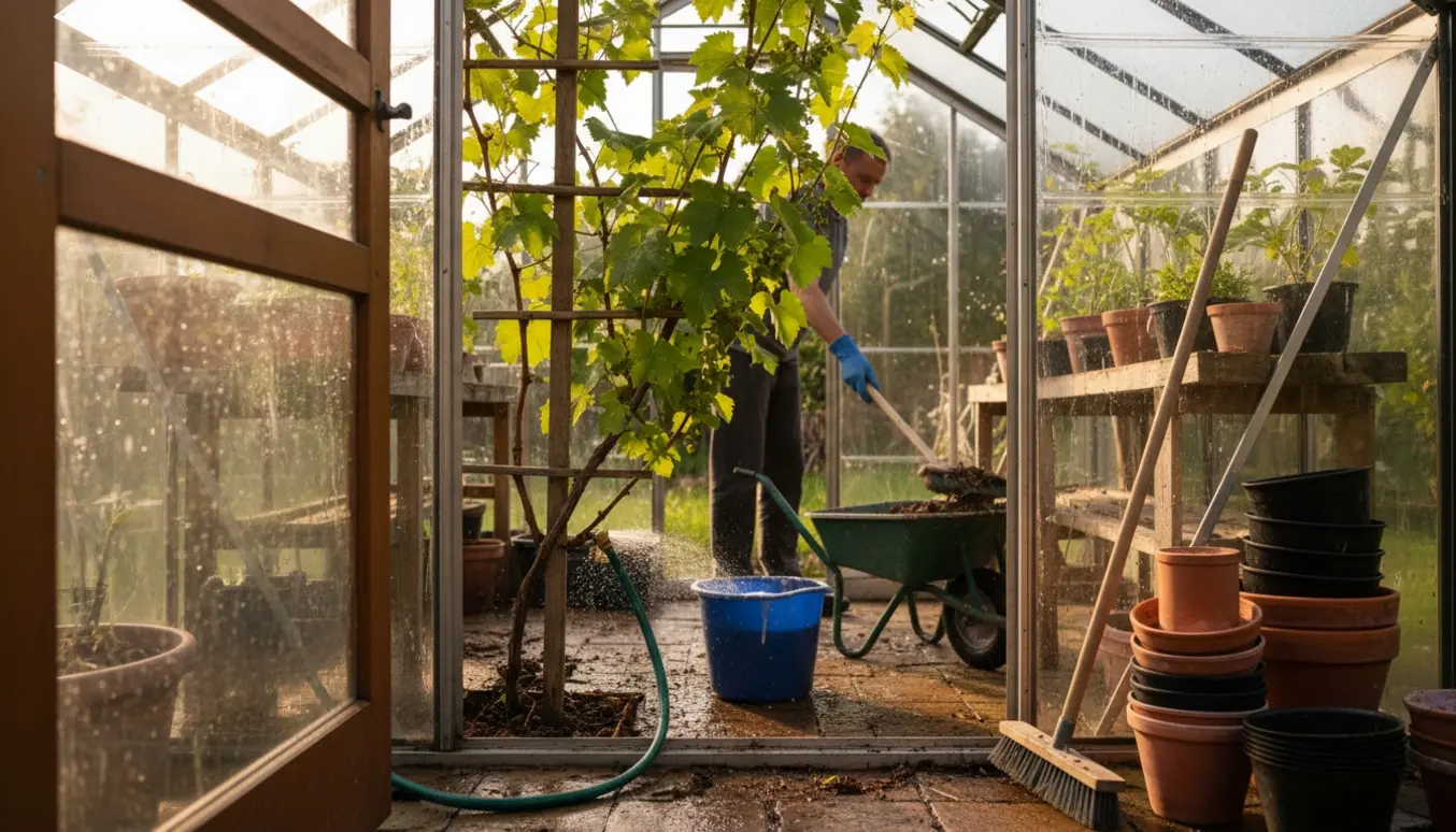 Et lille drivhus på ca. 4 m² under rengøring, med bevaret vindrueplante og rengøringsredskaber.