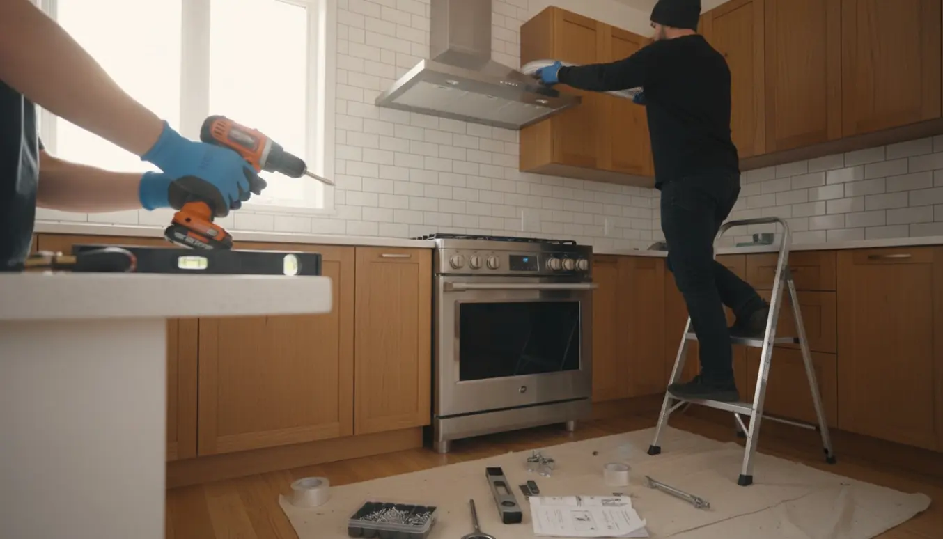 Montør hænger en ny emhætte over et komfur i et lyst køkken, kun hænder og ryg synlige.