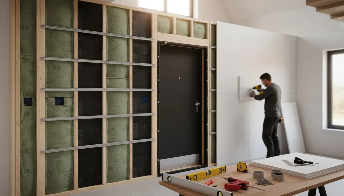 Lydisoleret væg under opbygning med mineraluld, mass-loaded vinyl og en tung lydisoleret dør mod trapperummet.