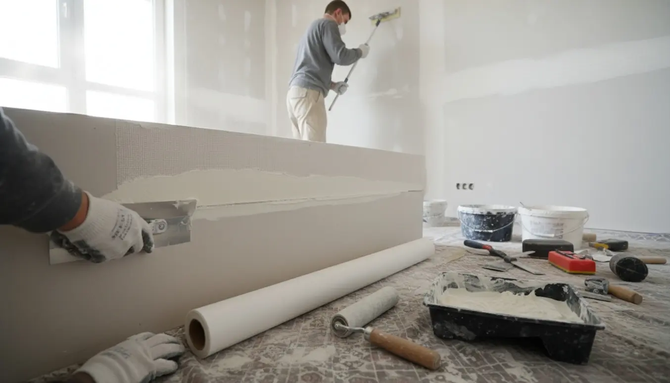 Arbejder spartler, sliber og opsætter filt på en nylig gipsvæg i et lyst rum.