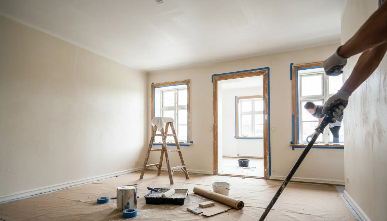 Indendørs malerscene med rulle på vandskuret væg, afdækning og malerværktøj.