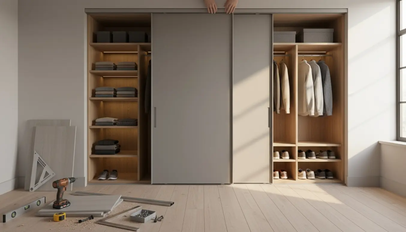 Delvist installeret indbygget garderobeskab med skydedør, reoler og værktøj i et lyst soveværelse.