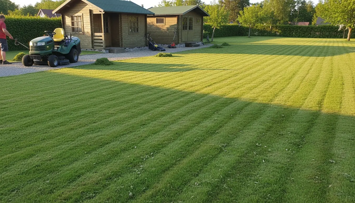 Stor, nyslået græsplæne med striber, græsafklip og en plæneklipper ved et sommerhus i solskin.