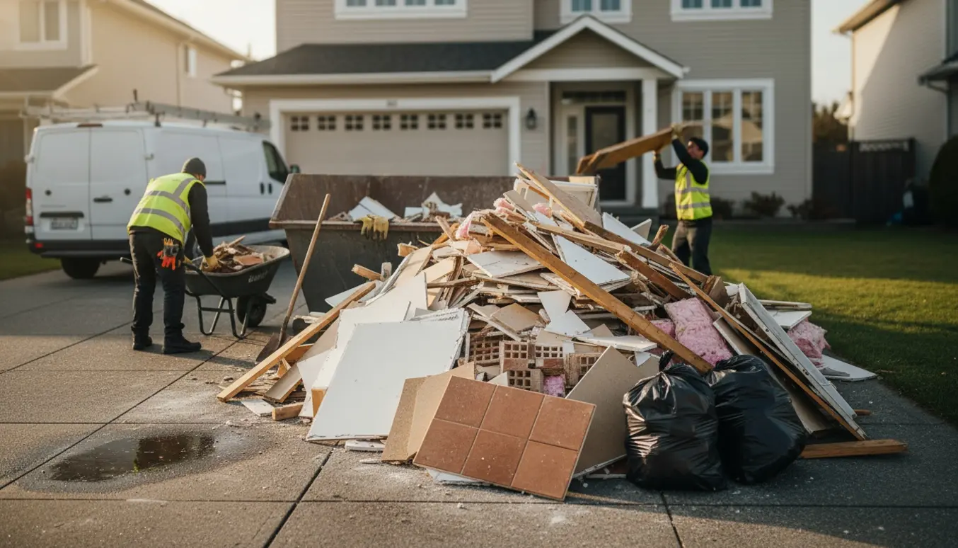 Blandet byggeaffald på indkørslen foran et hus, arbejdere uden synlige ansigter læsser i en container.