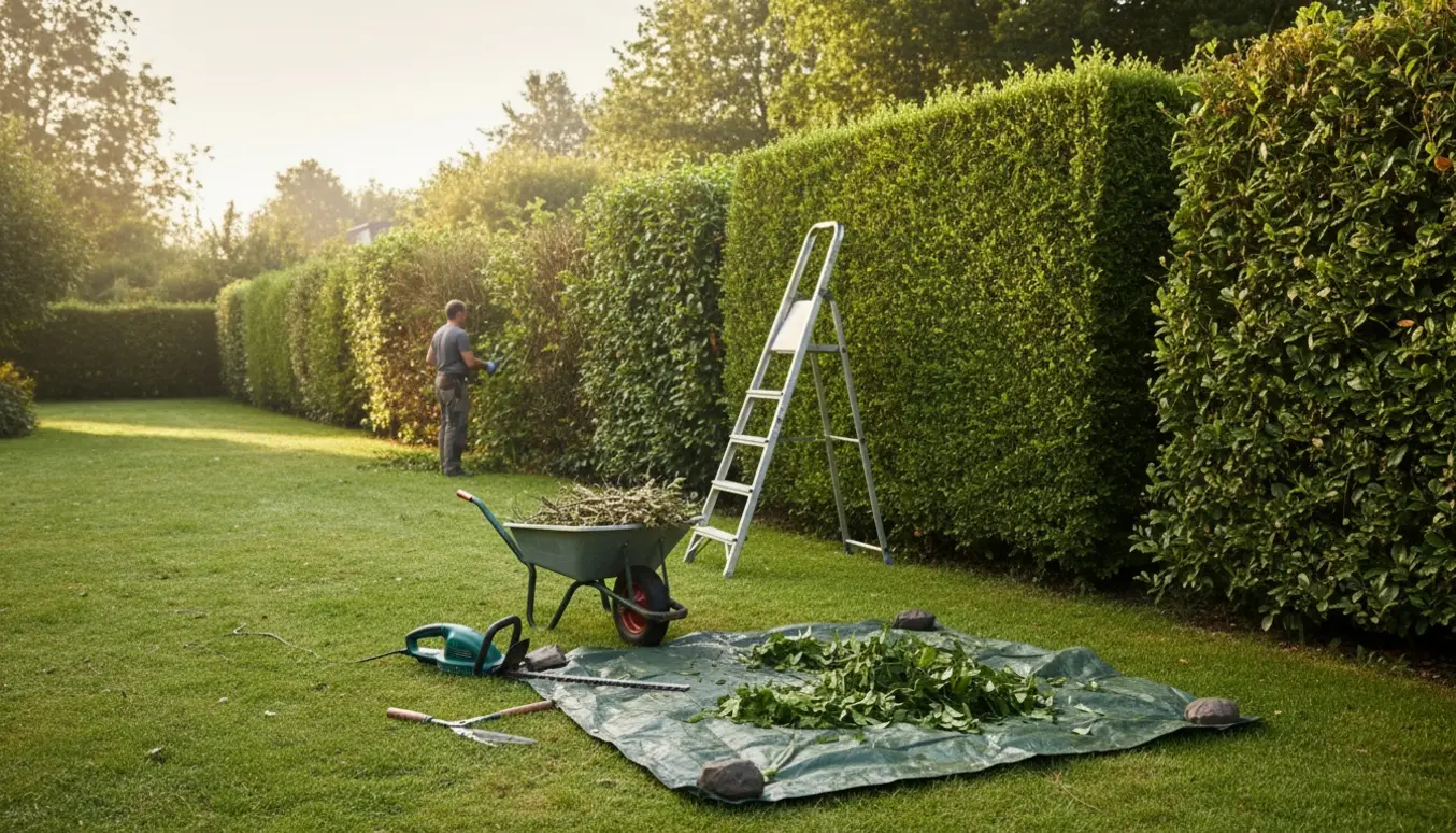 Baghave med lang hæk, nyslået sektion, værktøj og bunker af afklip på en tarp.