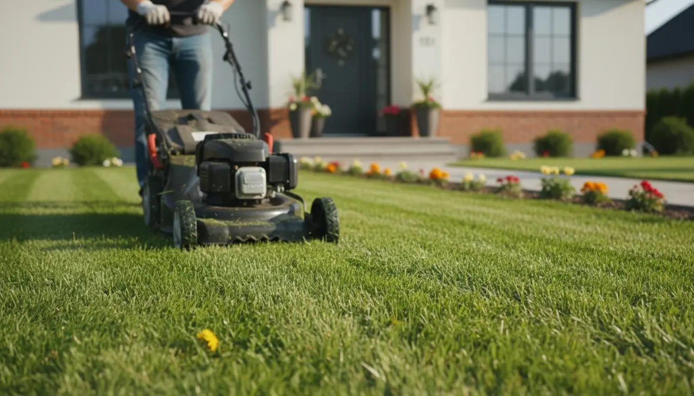 Plæneklipper skærer grønne striber foran et velholdt udlejningshus, person set uden ansigt.