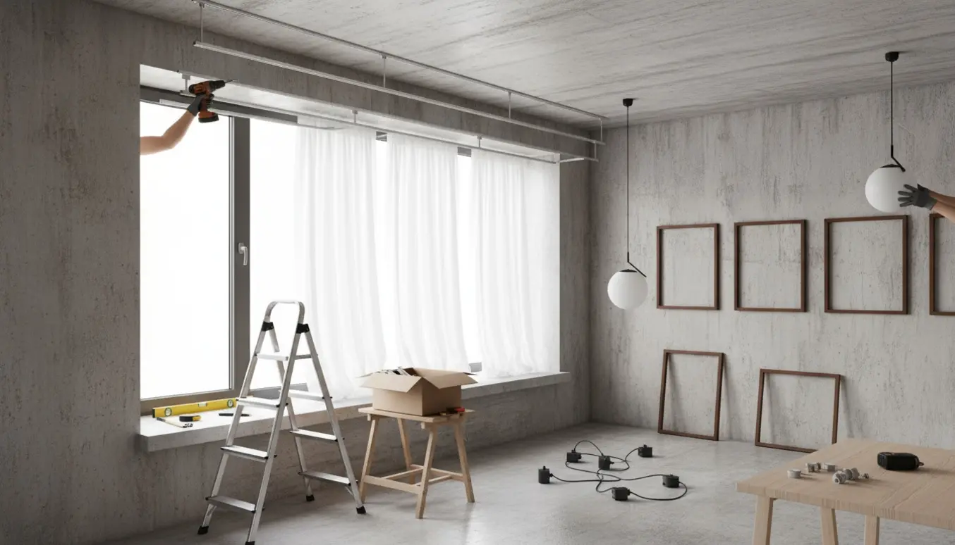 Værktøj og hænder monterer gardinskinner, lamper og billeder på betonvæg i en lys lejlighed.