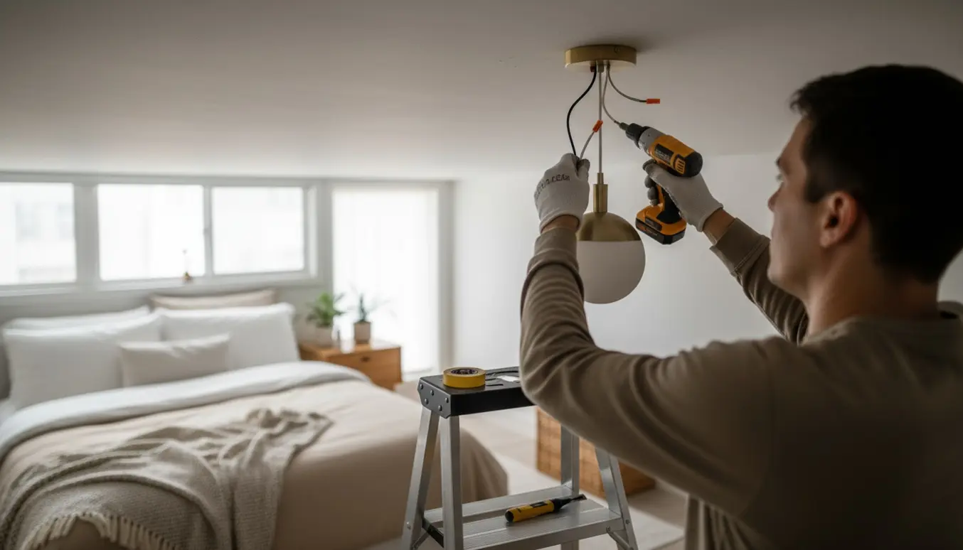 Hænder monterer en loftlampe i et lyst soveværelse med stige og værktøj.