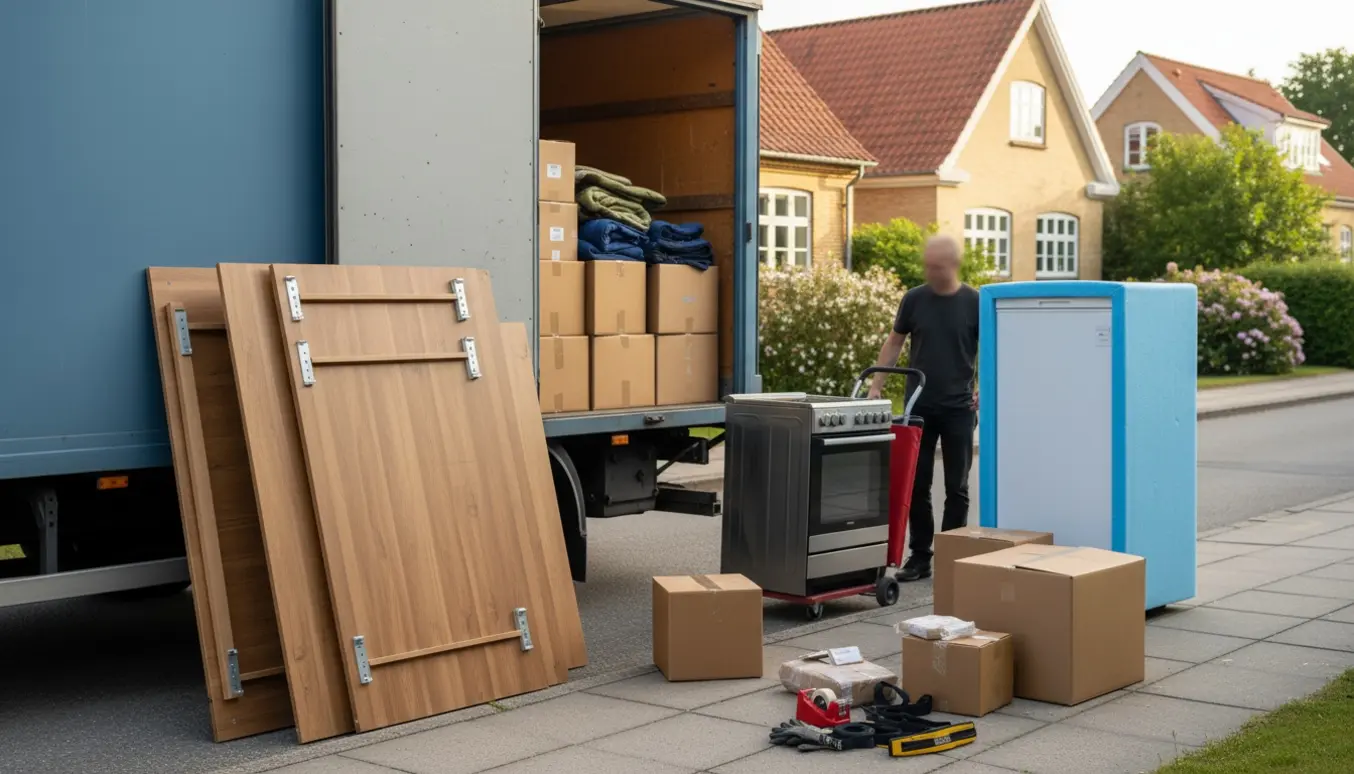 Flyttebil og åben lastning med skilt garderobeskab, komfur, fryser og flyttekasser på gaden.
