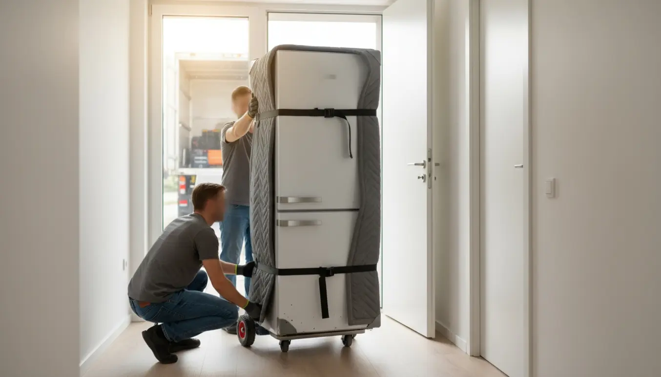 Et 180 cm standardkøleskab beskyttet med tæpper og stropper bæres gennem en lejlighedsdør uden synlige ansigter.
