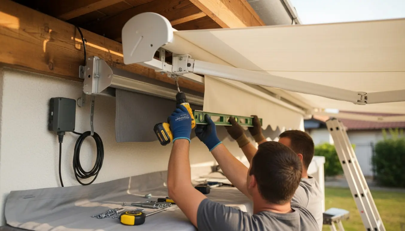 To markiser monteres under tagspær med håndværkeres hænder ved boremaskine og synlig elinstallation.