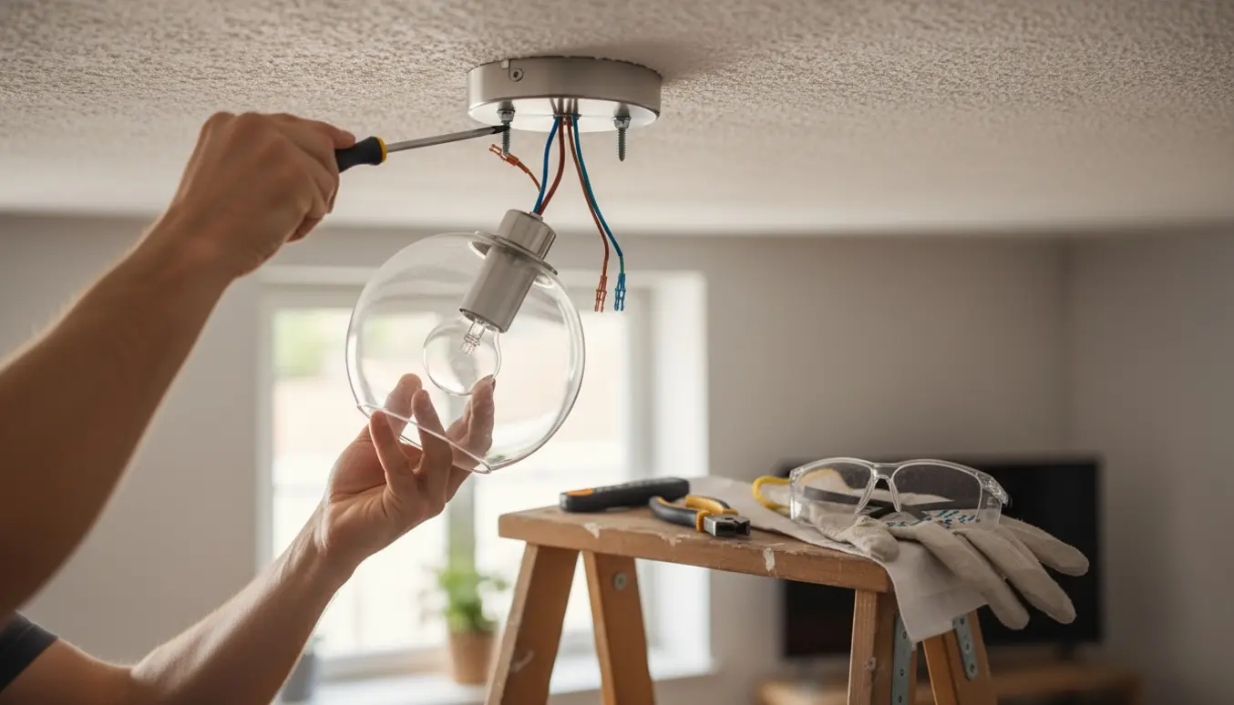 Hænder monterer en loftlampe og forbinder ledninger sikkert tæt på loftet.